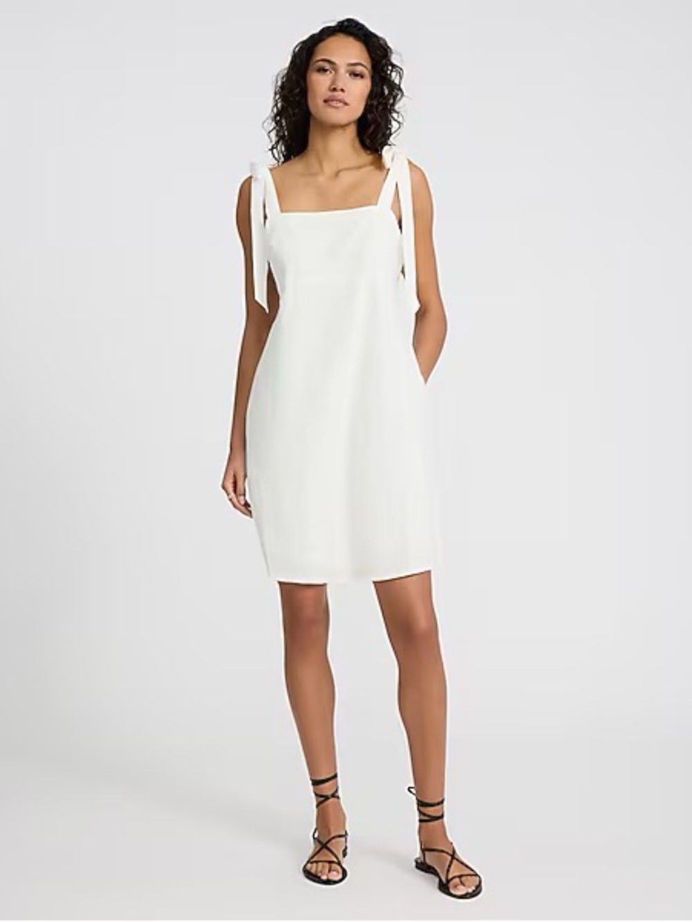 NWT Linen-Blend Square Neck Tie Strap Mini Shift Dress
